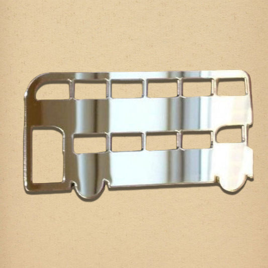 Silver double-decker bus-shaped mirror with cutout windows and wheels.