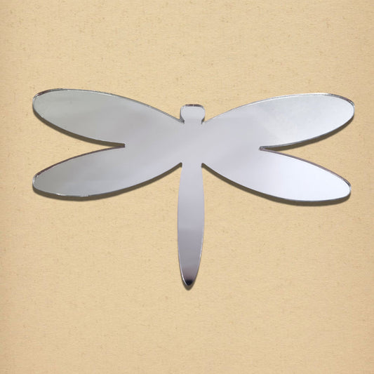 Silver reflective dragonfly-shaped mirror on a textured tan background.