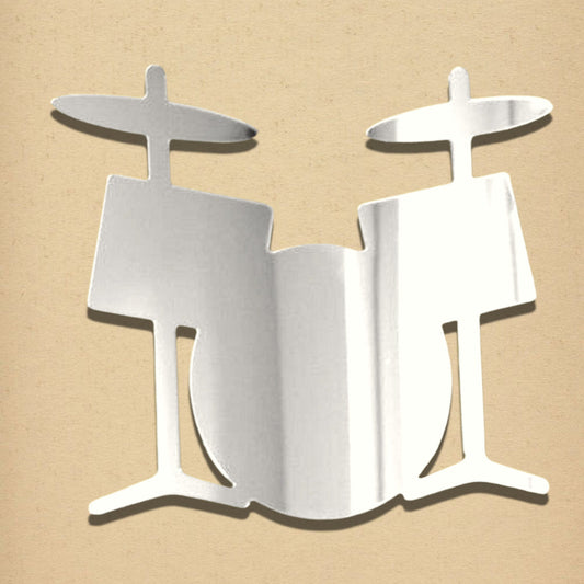 Drum kit-shaped silver mirror on a light textured background.