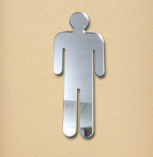 Mirrored male toilet sign shaped like a man figure against a tan background.