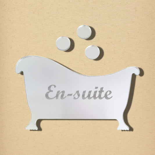 Bathtub-shaped mirrored acrylic sign with engraved "En-suite" text and three bubble shapes above.