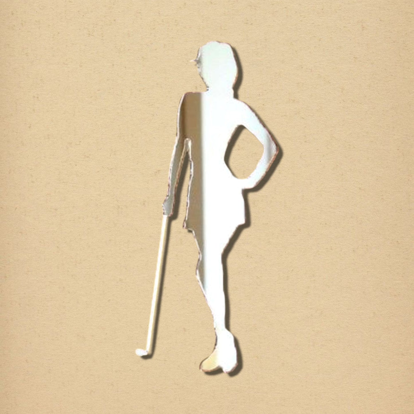 Female golfer-shaped acrylic mirror holding a golf club.