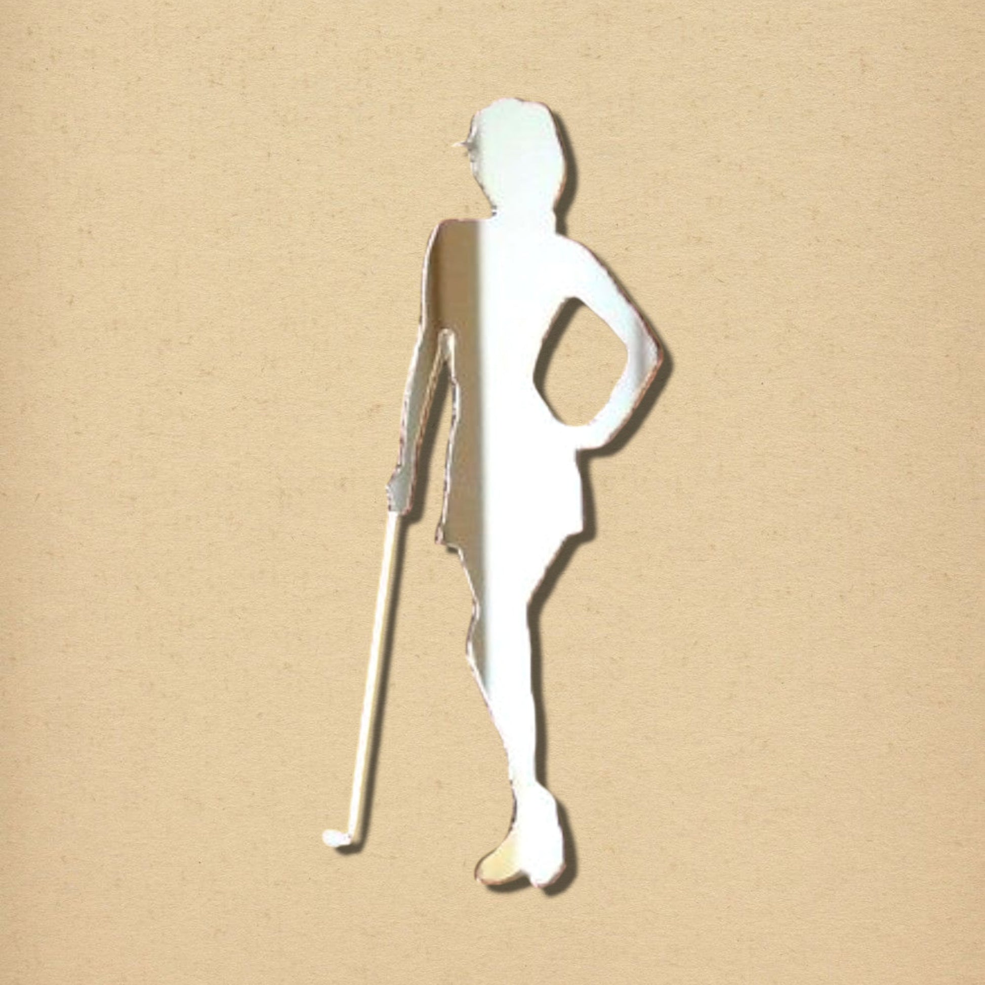 Female golfer-shaped acrylic mirror holding a golf club.