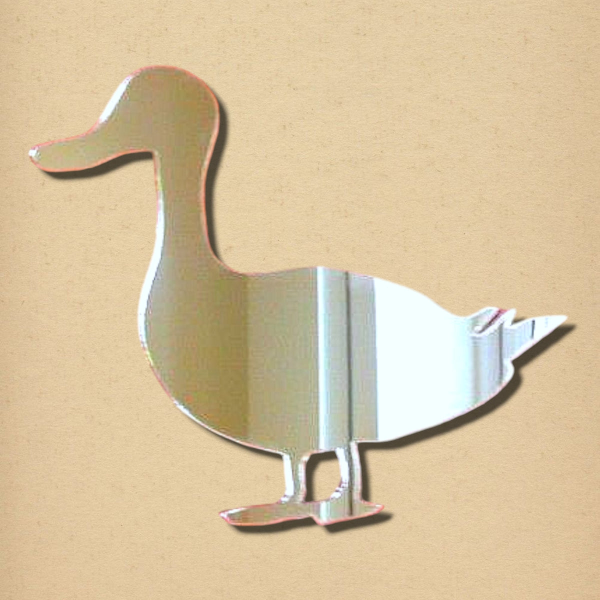 Duck-shaped silver mirror against a tan background.