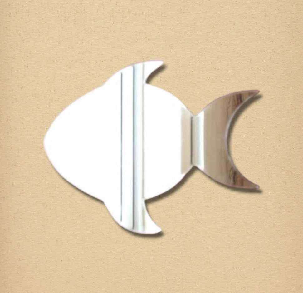 A fish-shaped silver mirror on a light tan textured background.