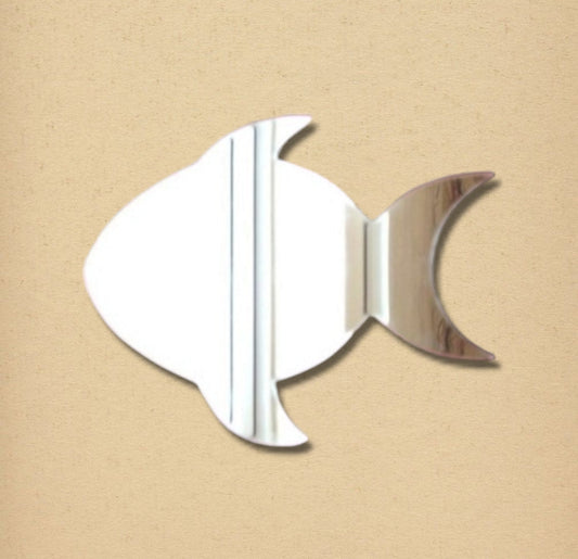 A fish-shaped silver mirror on a light tan textured background.