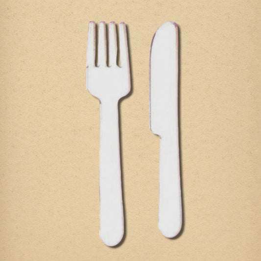 Two fork- and knife-shaped silver mirrors against a textured beige background.