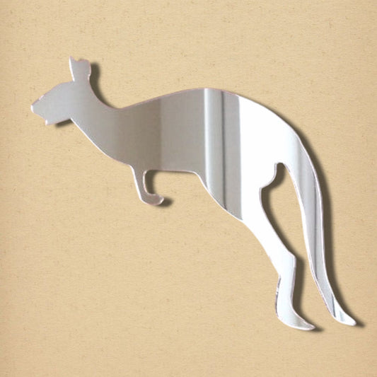 Kangaroo-shaped silver acrylic mirror on a textured beige background.
