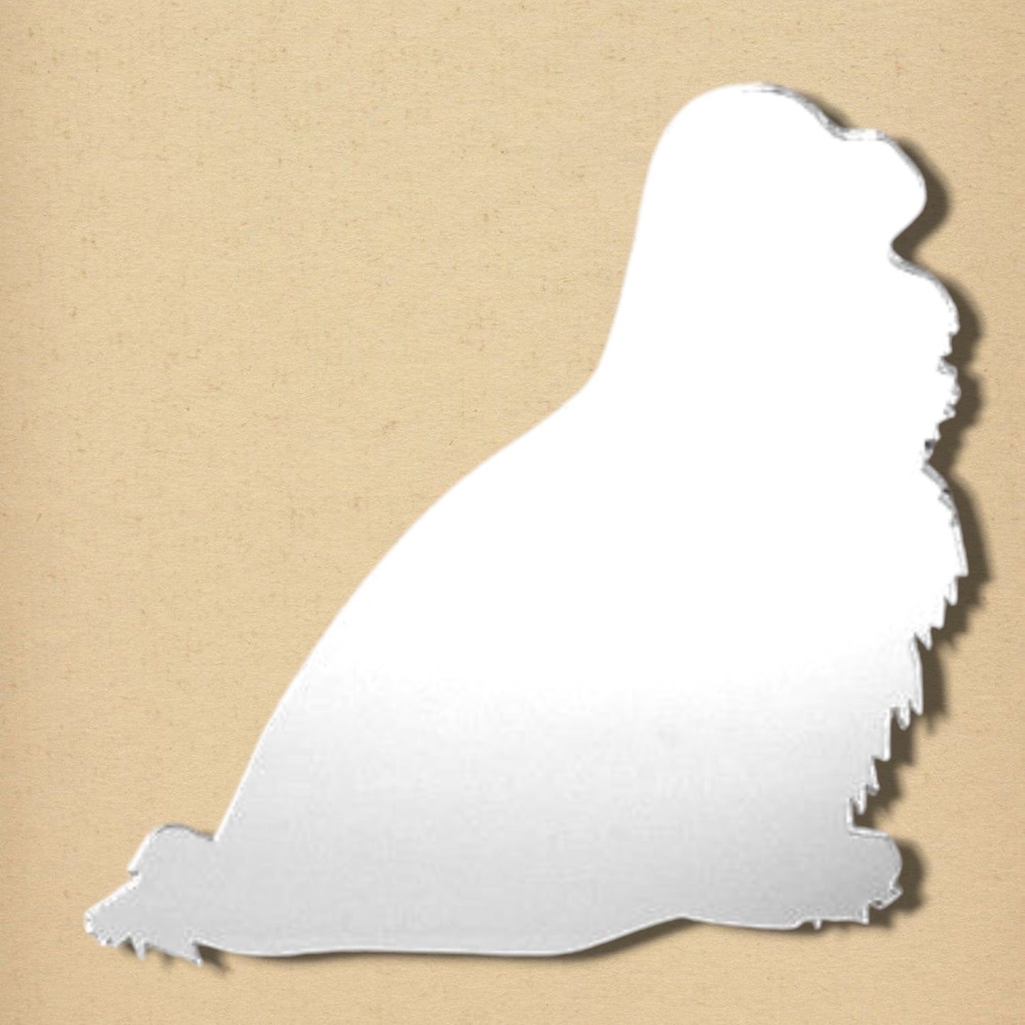 A King Charles Spaniel-shaped silver mirror on a tan background.