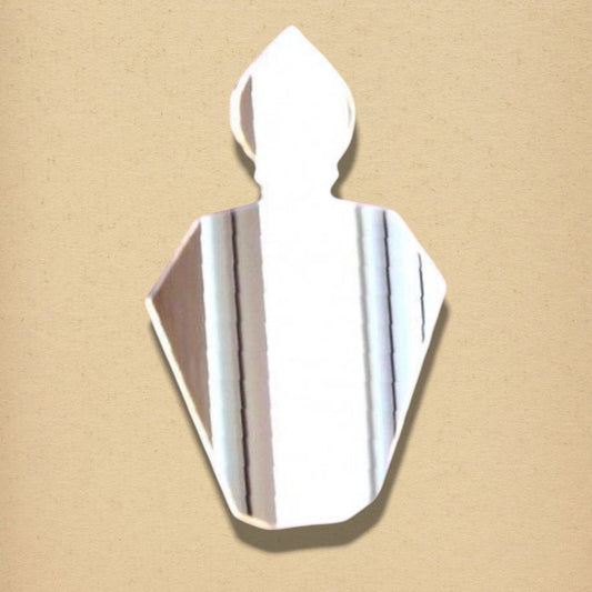 A silver perfume bottle-shaped mirror against a neutral beige background.