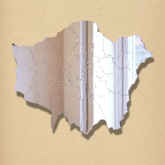 London Map shaped reflective acrylic mirror with etched borough boundary lines.