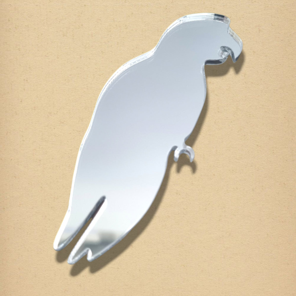 Silver parrot-shaped mirror against a beige background.