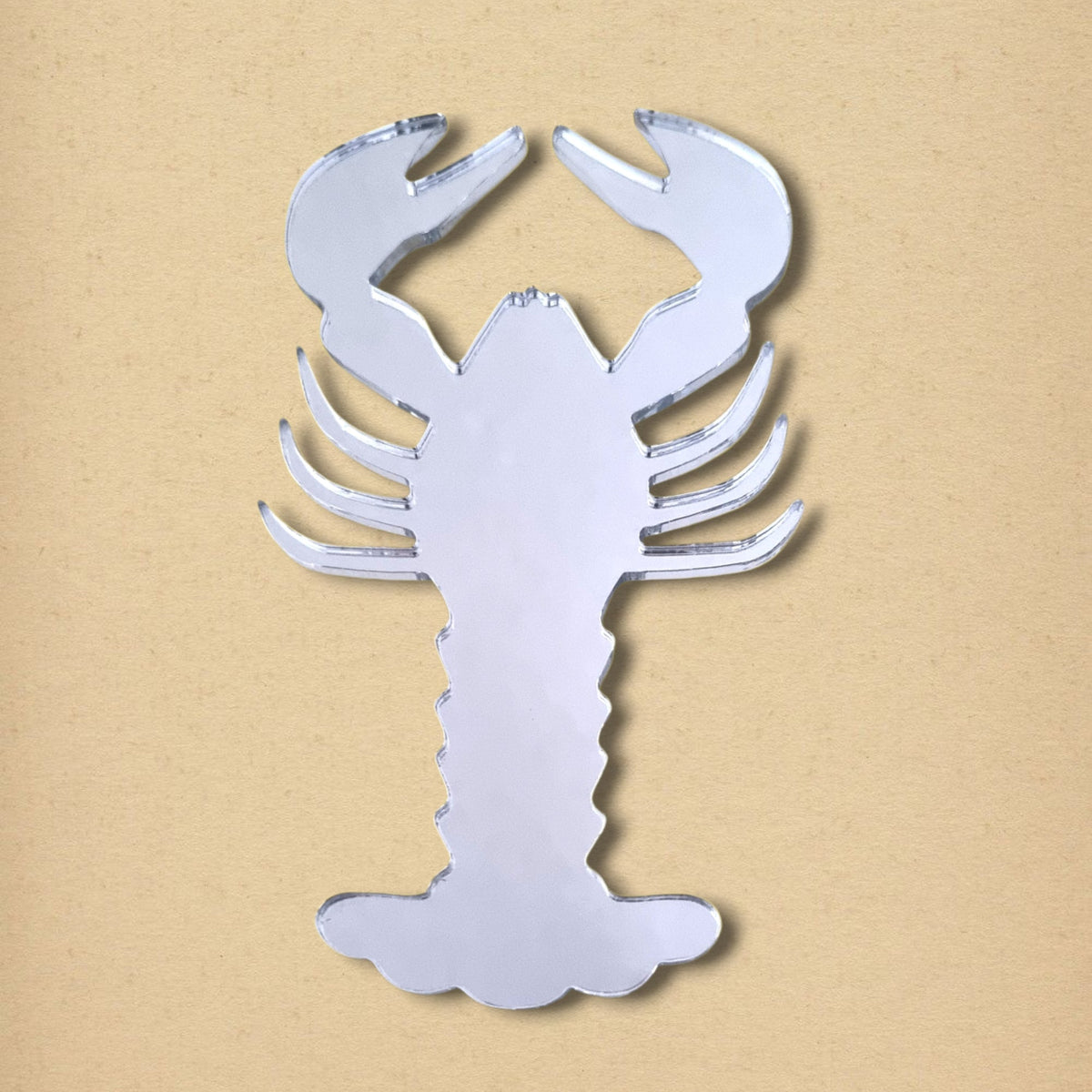 Lobster-shaped silver mirror on a light textured background.