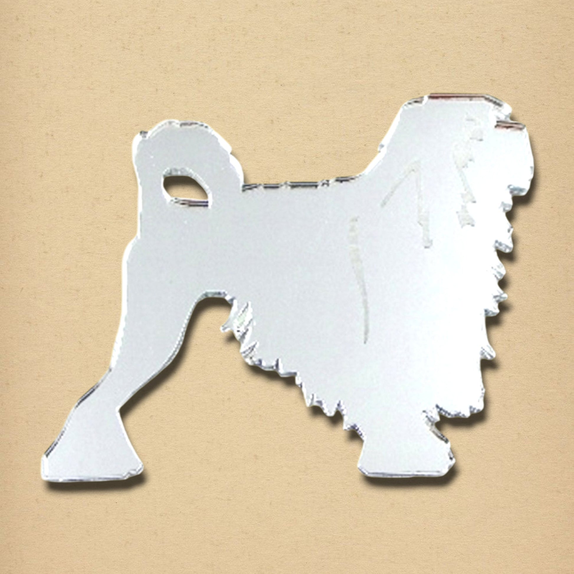 Lowchen dog-shaped silver mirror on a light brown background.