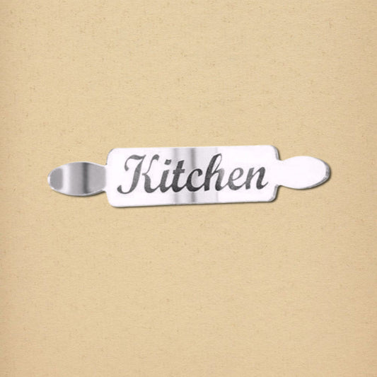 Silver rolling pin-shaped mirror door sign with the word "Kitchen" in cursive.