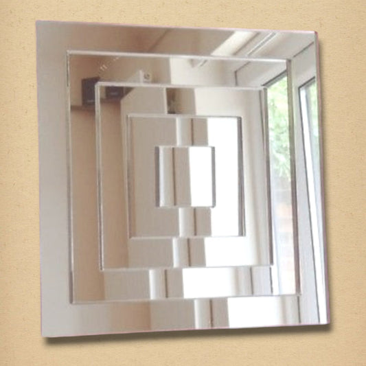 Square infinity mirror featuring nested, reflective square frames creating a receding tunnel effect.