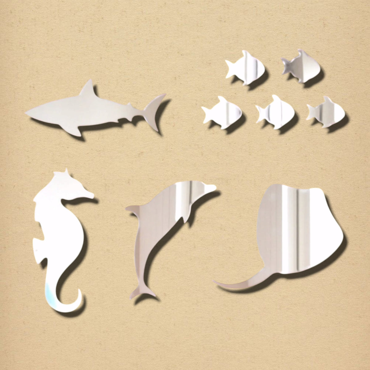 Bundle of nine reflective sea-life mirrors, including a shark, seahorse, dolphin, stingray, and five small fish.