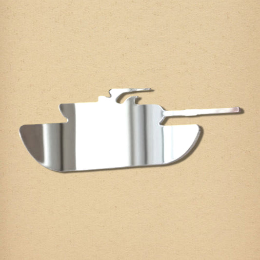 Silver tank-shaped mirror on a textured tan background.