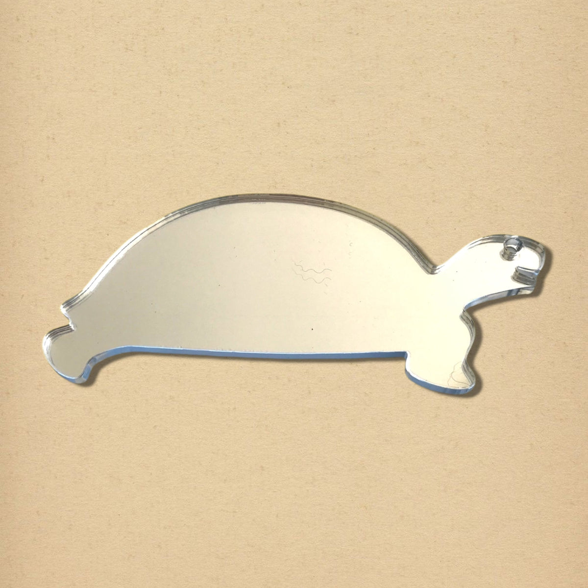 Tortoise-shaped reflective mirror on a light tan background.