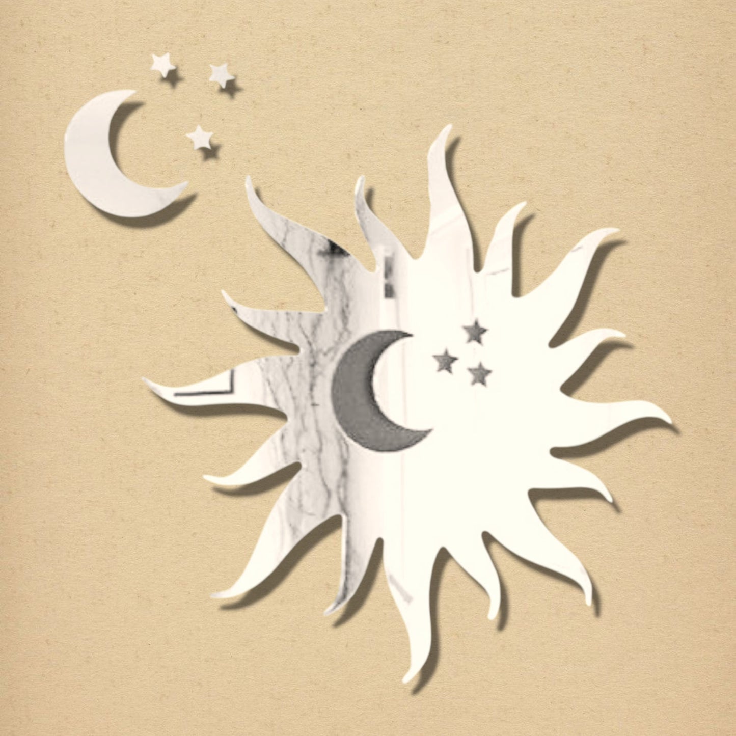 Sun-shaped mirror with a crescent moon and star cut-outs, alongside a separate crescent moon and three small stars.