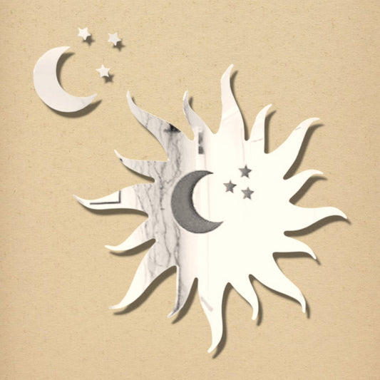 Sun-shaped mirror with a crescent moon and star cut-outs, alongside a separate crescent moon and three small stars.