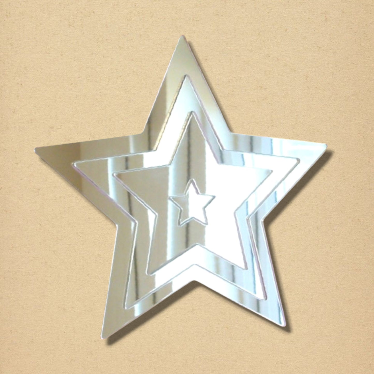 Star-shaped infinity mirror with reflective nested star outlines on a beige background.