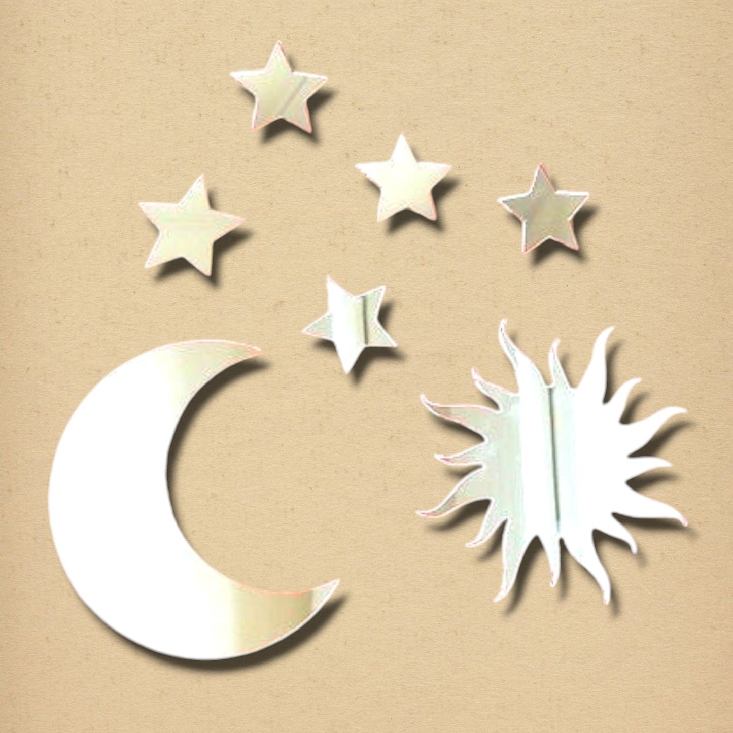 A bundle of silver mirrors in the shape of a crescent moon, a sun, and five stars.