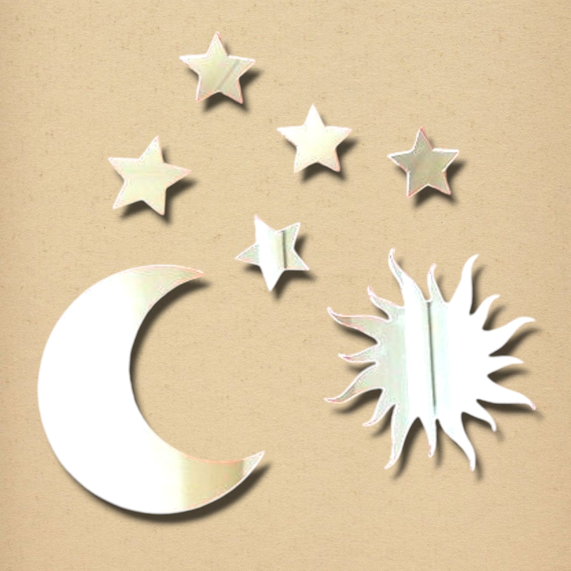A bundle of silver mirrors in the shape of a crescent moon, a sun, and five stars.
