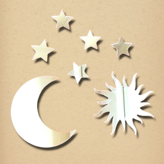 A bundle of silver mirrors in the shape of a crescent moon, a sun, and five stars.