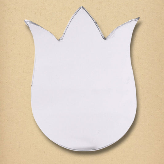 A tulip-shaped glass mirror on a neutral tan textured background.