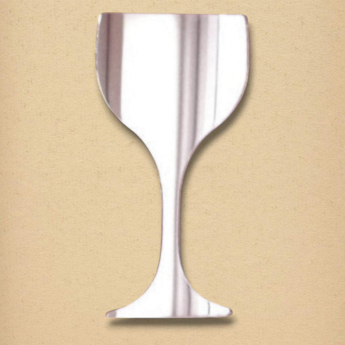 Wine glass-shaped reflective silver mirror on a textured tan background.