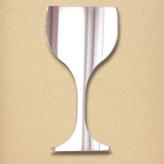 Wine glass-shaped reflective silver mirror on a textured tan background.