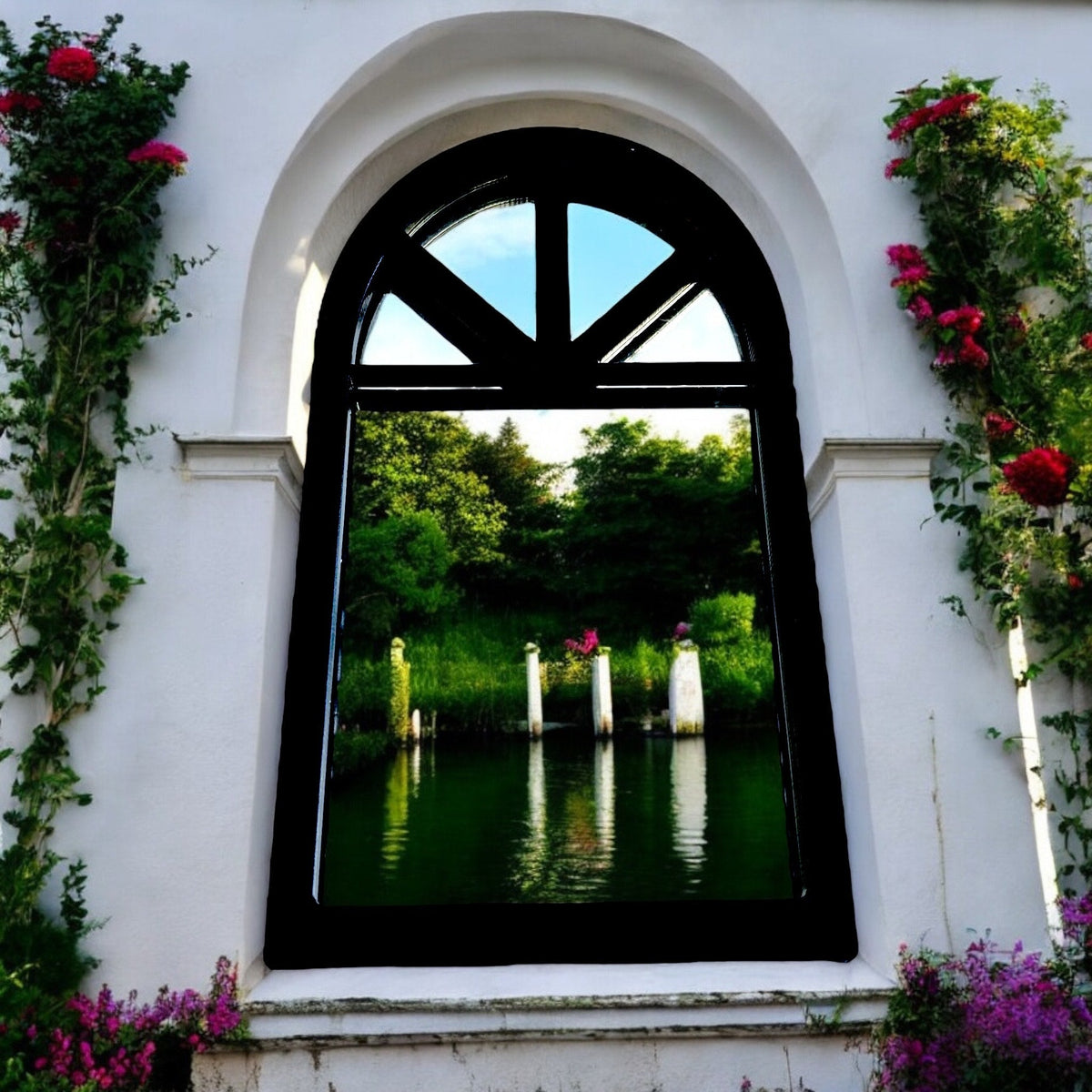 Black Victorian arch-framed garden mirror on white wall, reflecting a garden.