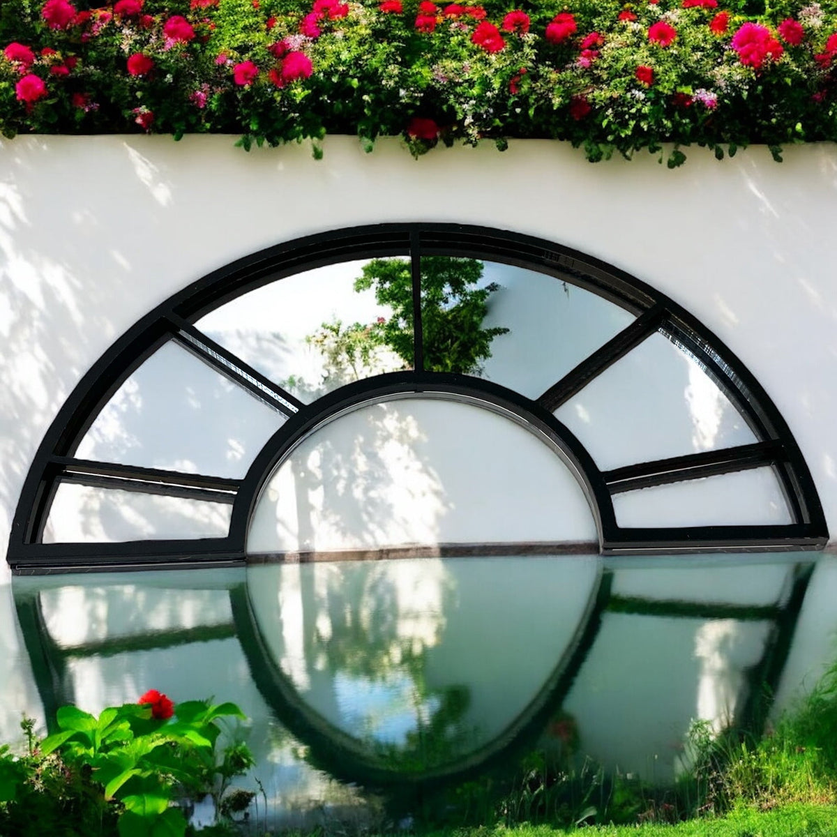 Semi-circular black metal arch window garden mirror mounted on a white wall above a pond.