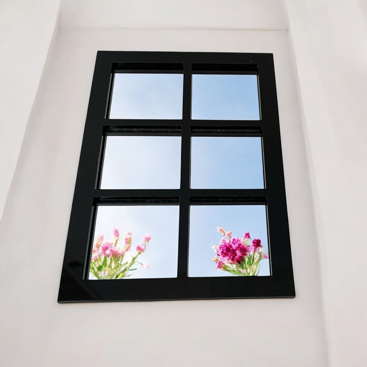 Six-panel black framed garden mirror mounted on a white wall, reflecting sky and pink flowers.