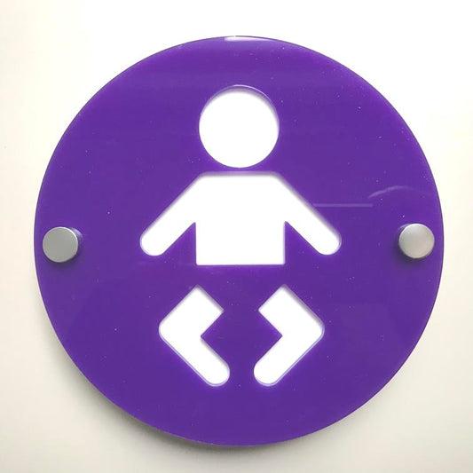 Round purple acrylic baby changing sign with white cut-out baby icon and silver mounting standoffs.