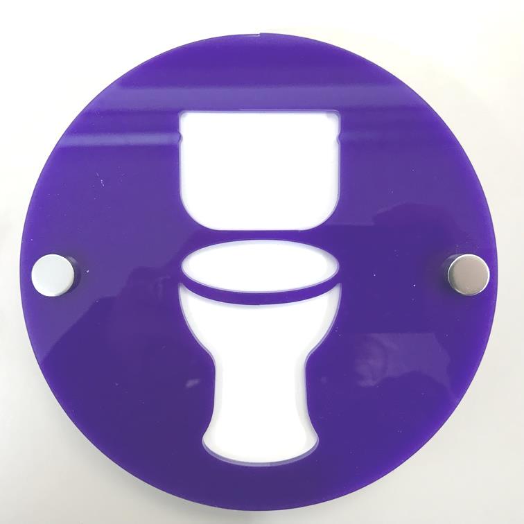 Round purple acrylic toilet sign with a white cutout silhouette and two metal mounting standoffs.