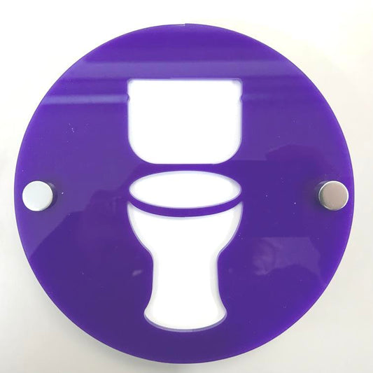 Round purple acrylic toilet sign with a white cutout silhouette and two metal mounting standoffs.