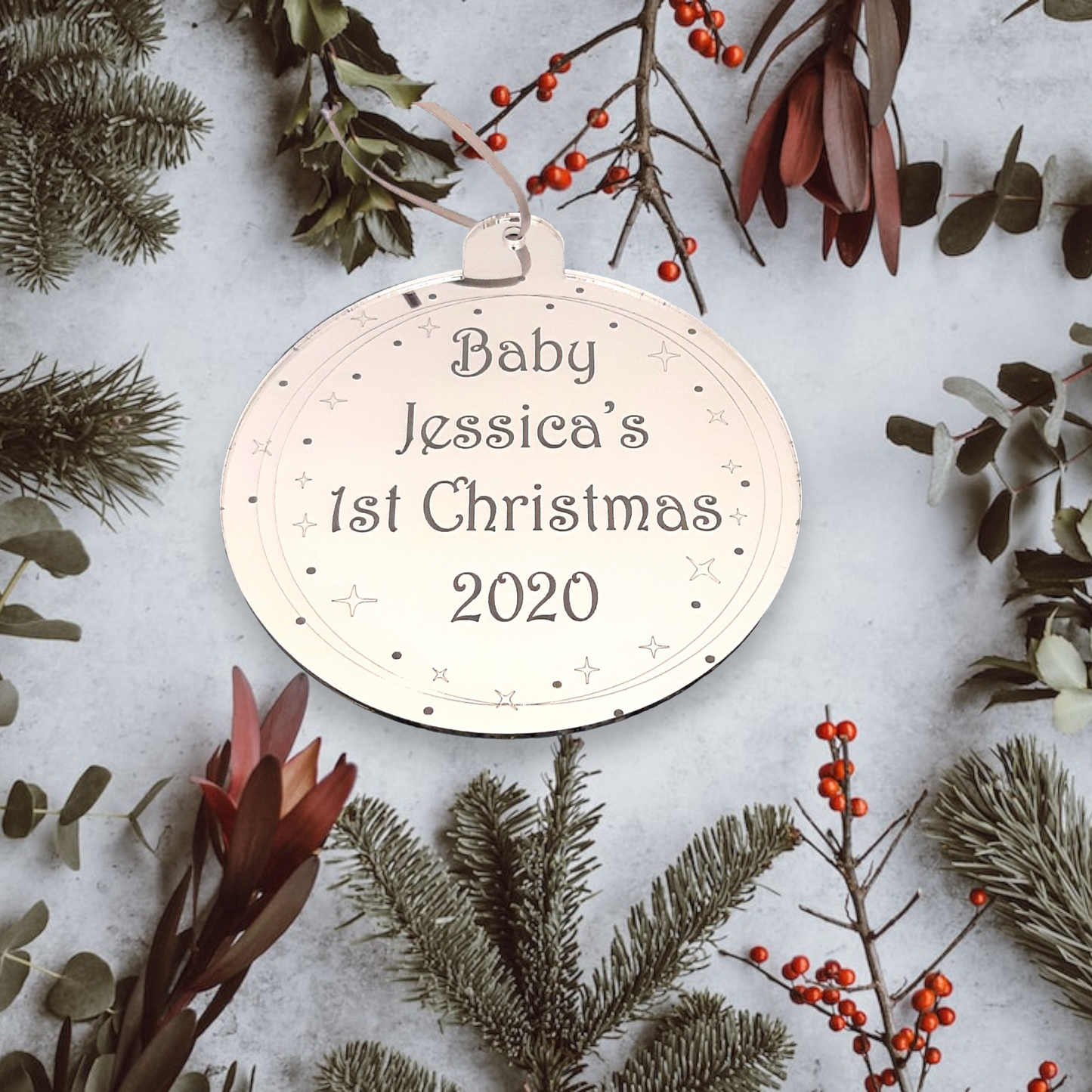 Bauble "Baby's 1st Christmas" Engraved Christmas Tree Decorations, Many Colours