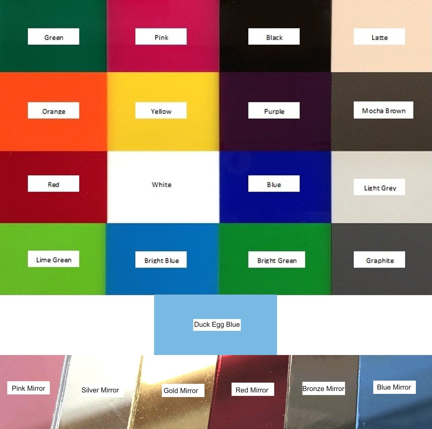 Color swatch chart displaying gloss handle options for oval hand-held mirrors.