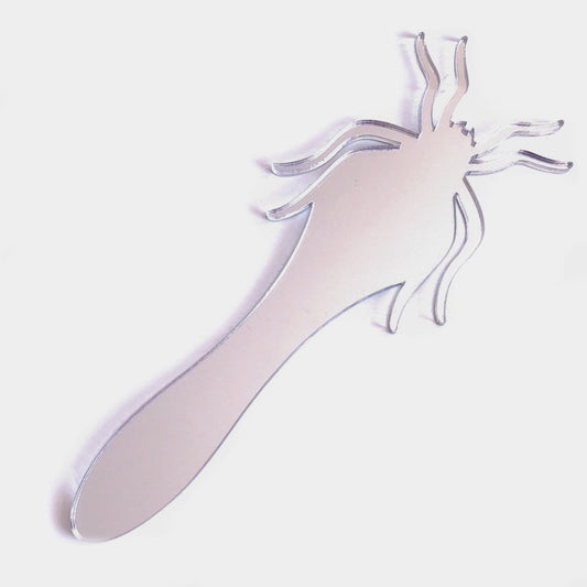 A silver, spider-shaped handheld mirror with stylized legs extending from the round mirror body and handle.