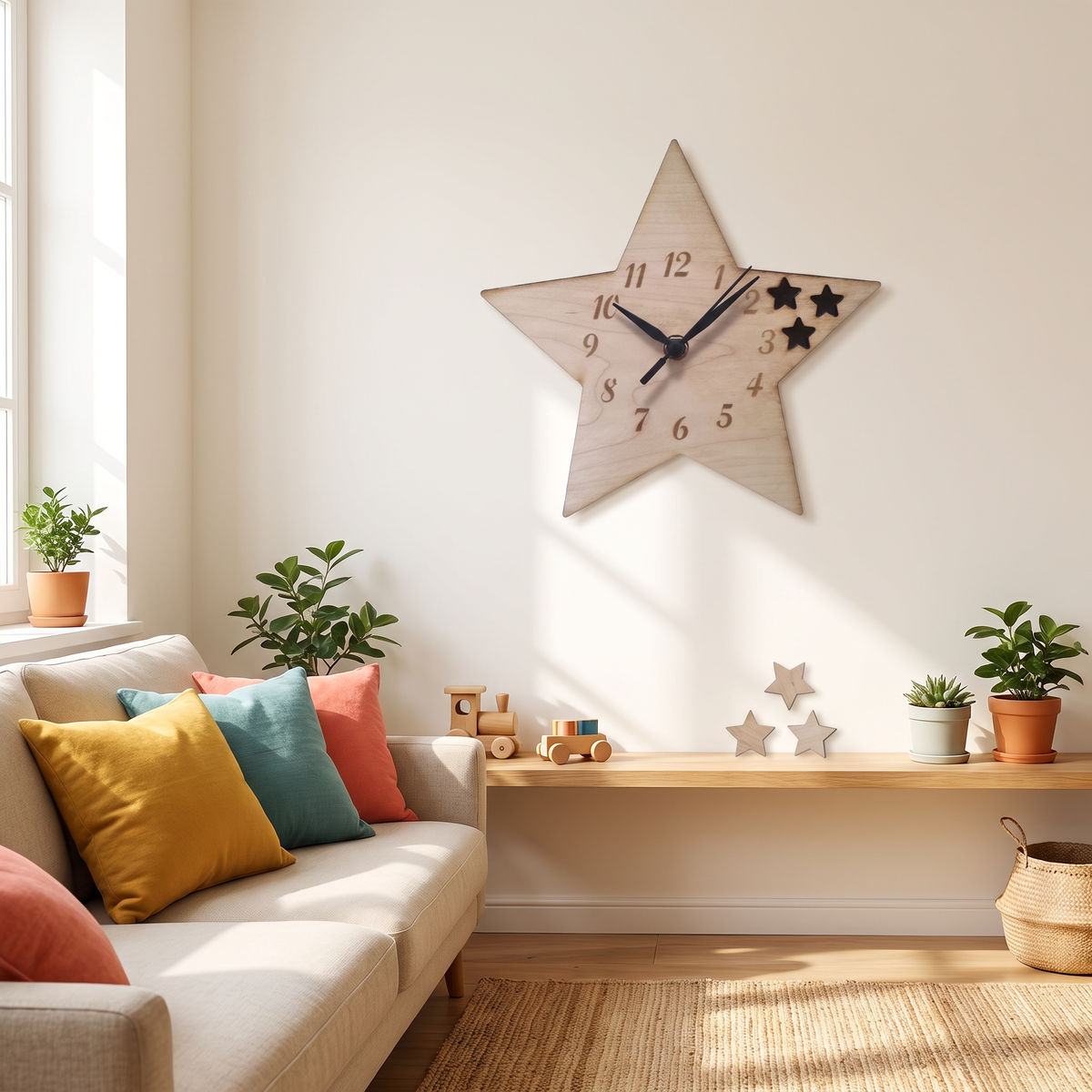 Star-Shaped Wooden Wall Clock for Kids Room Decor