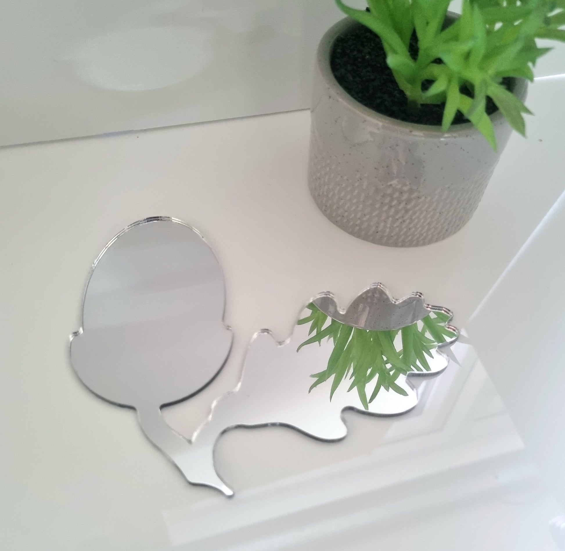 An acorn-shaped mirror with an attached oak leaf, reflecting a small potted plant on a white surface.