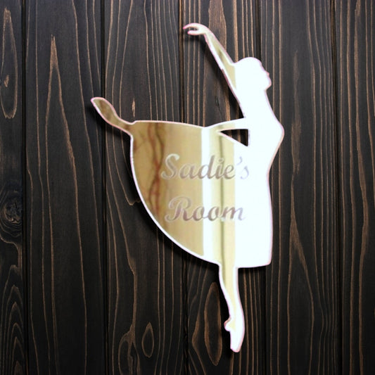 Personalised ballerina mirror door sign, shaped like a dancing ballerina, engraved with "Sadie's Room."
