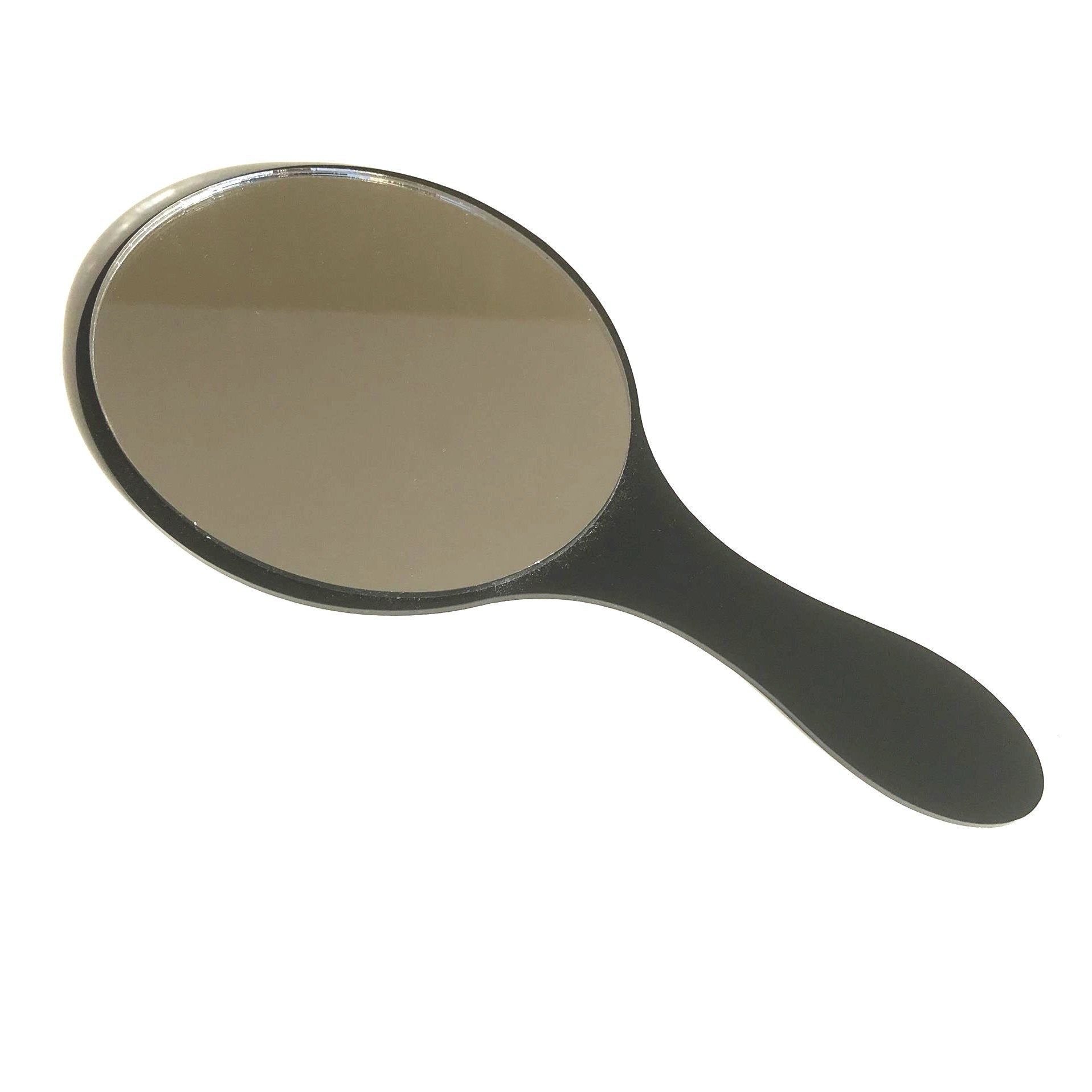 Oval hand-held mirror with a black gloss handle on a white background.
