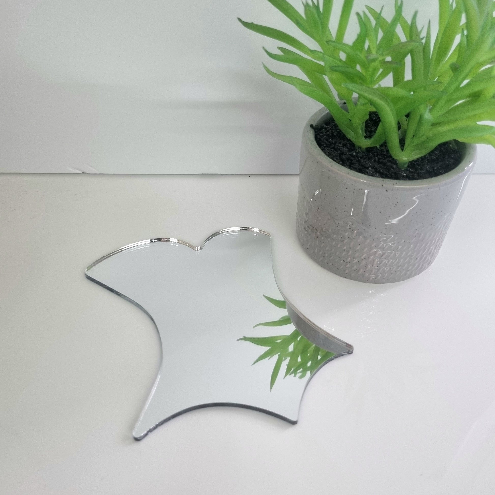 Bodice-shaped silver mirror resting on a white surface next to a potted green plant.