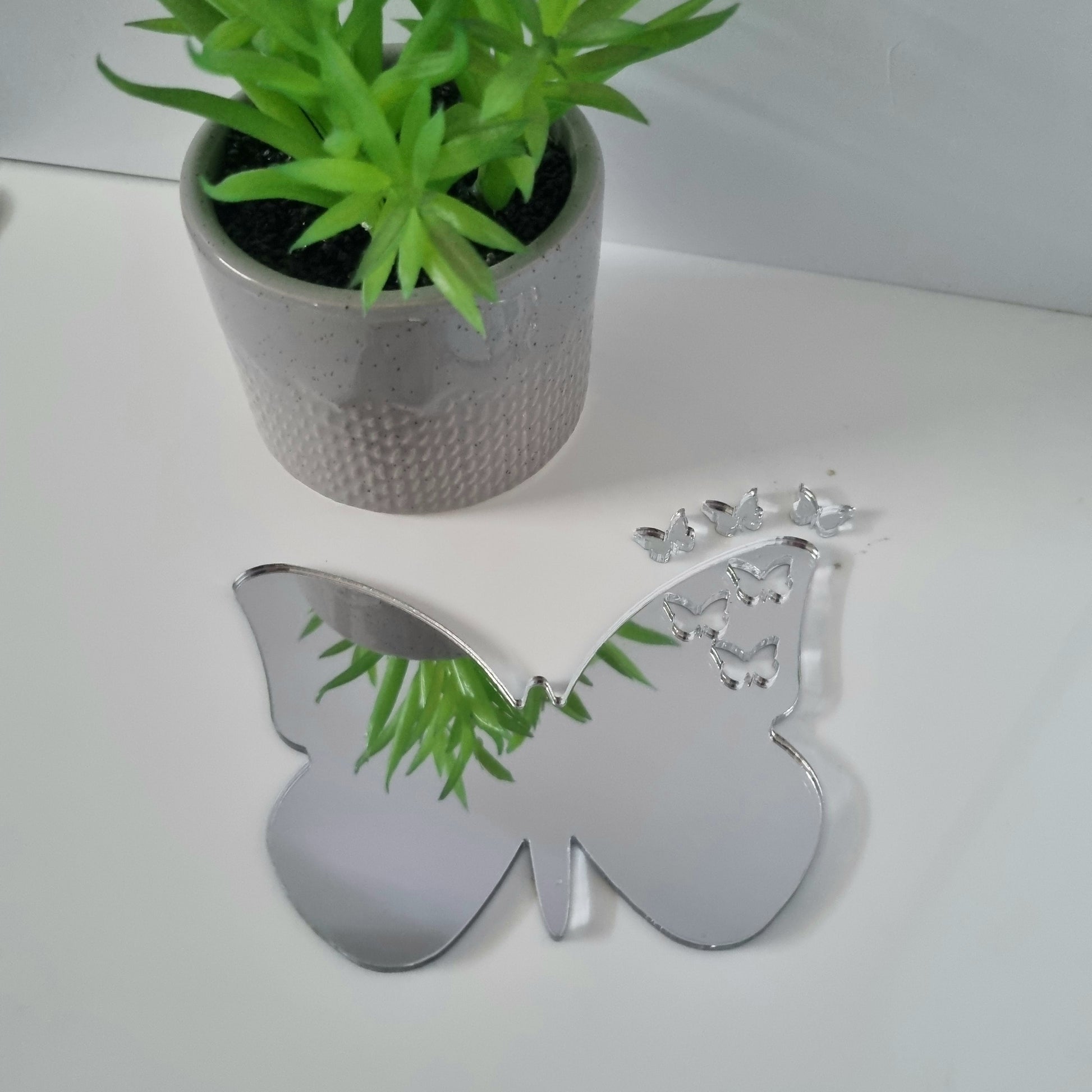 Silver butterfly mirror with small butterfly cutouts and separate butterfly pieces, next to a potted plant.