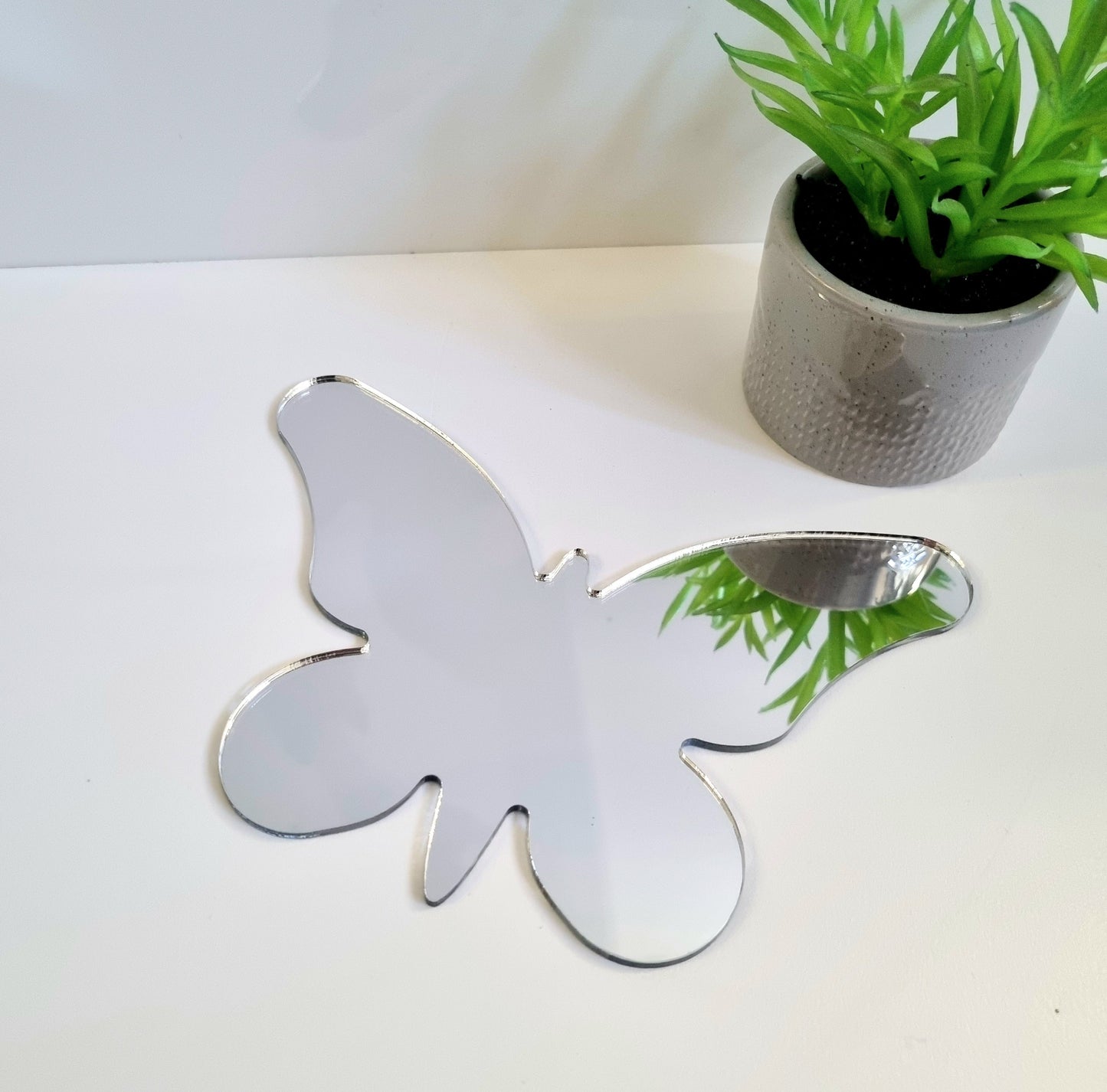 Butterfly-shaped long wings mirror with a reflective surface, resting on a white surface next to a potted plant.