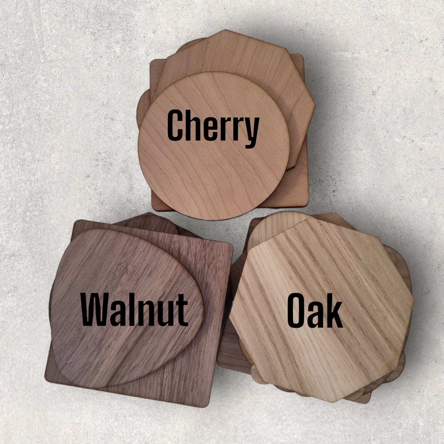 Wood frame finish options labeled Cherry, Walnut, and Oak for the round Art Deco mirror.