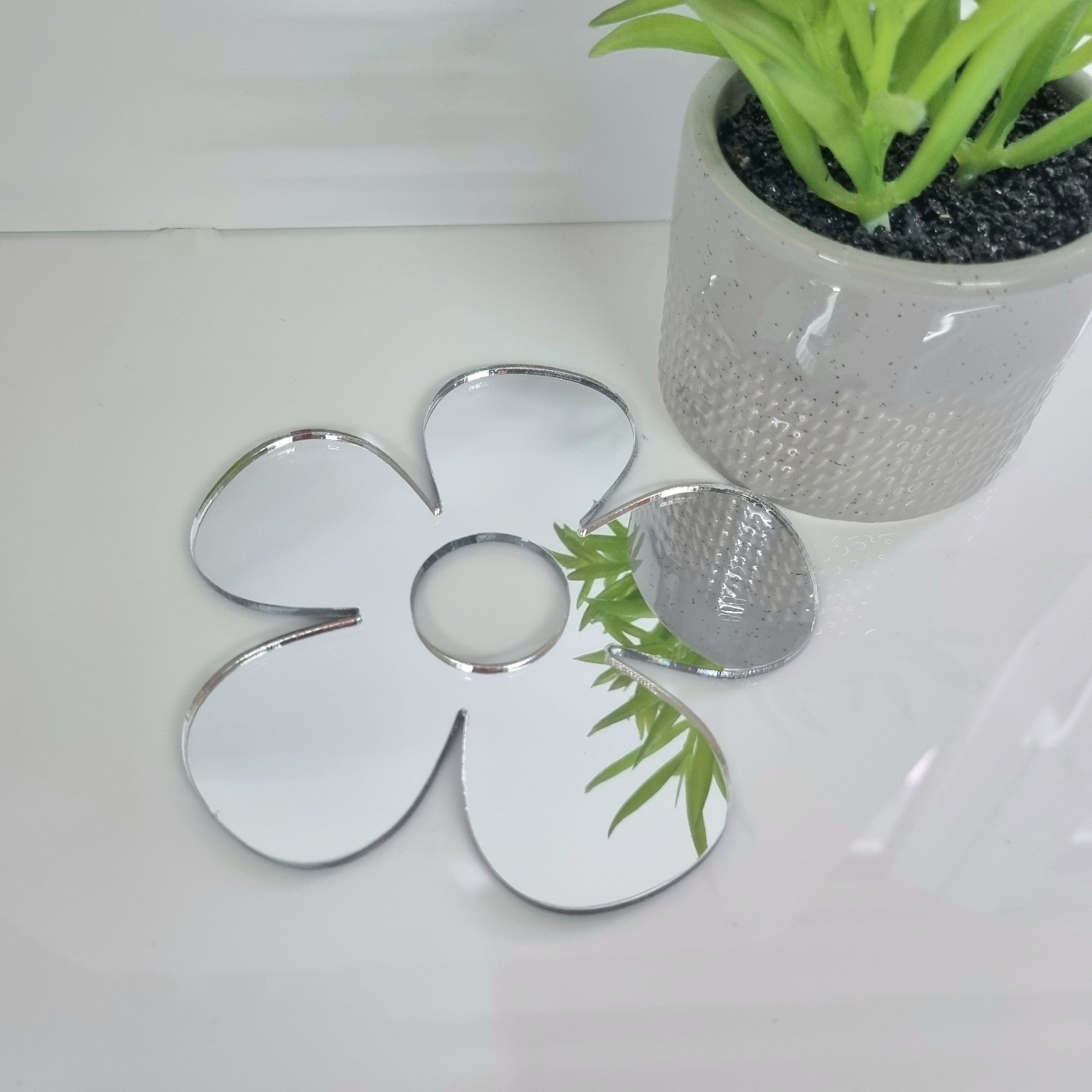 Daisy garden mirror with silver reflective surface and circular center cutout, next to a potted plant.